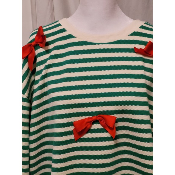 Chic Soul Green Cream Stripe W Red Bows Oversized Knit Sweater - Picture 3 of 6